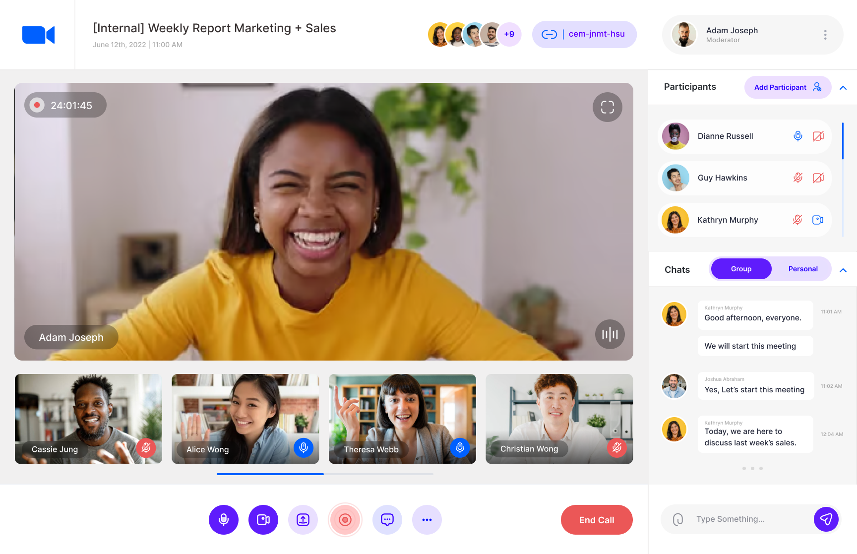 Interface de visioconférence de notre plateforme SaaS